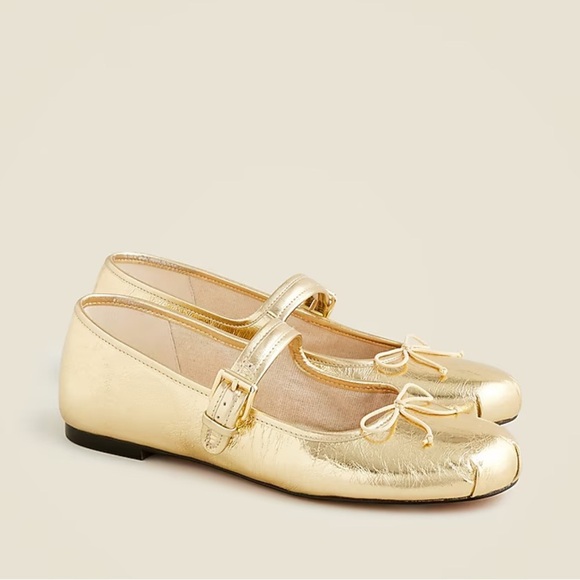 J.Crew Logan Mary Jane Ballet Flats Crinkled Metallic Gold Leather Size 6 NIB - Picture 1 of 7